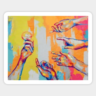 Hands - oil painting. The picture depicts a metaphor for teamwork. Sticker